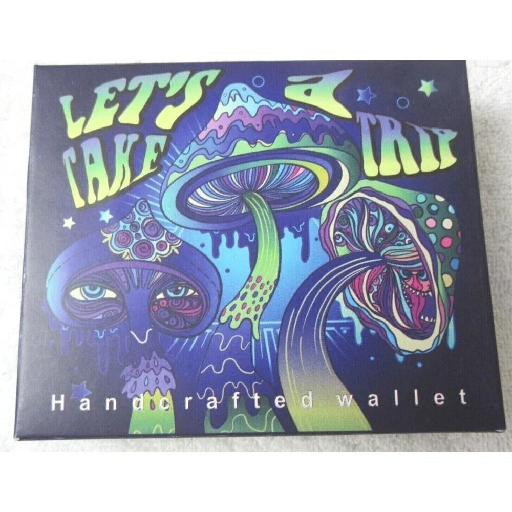 Lets Take a Trip Psychedelics Magic Mushroom Print Bi-Fold Vegan Leather Wallet